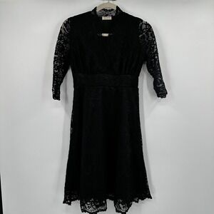 KIYONNA Black Lace Mock Neck Midi‎ Dress Woven Belt 3/4 Sleeve Medium Whimsigoth